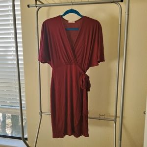 Faux wrap knit bell sleeve dress